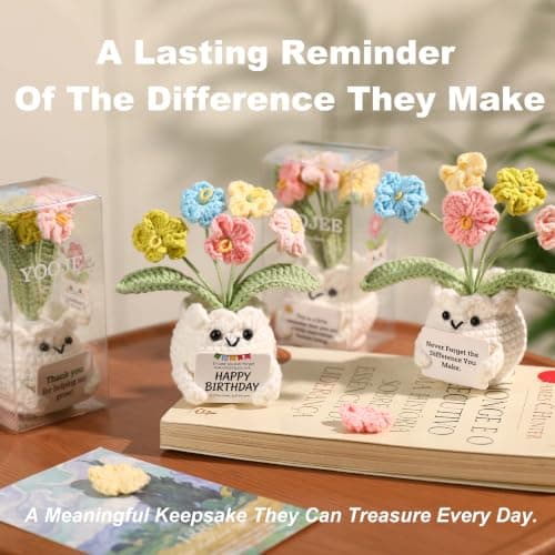 Cute Gifts for Women, Boss Day, Teacher Appreciation, Coworker & Nurse Thank You Gift, Desk Decor, 4.7 In H × 2.4 In W Forget-Me-Not Crochet Flower Potted Plant Gift B0F26ST99P