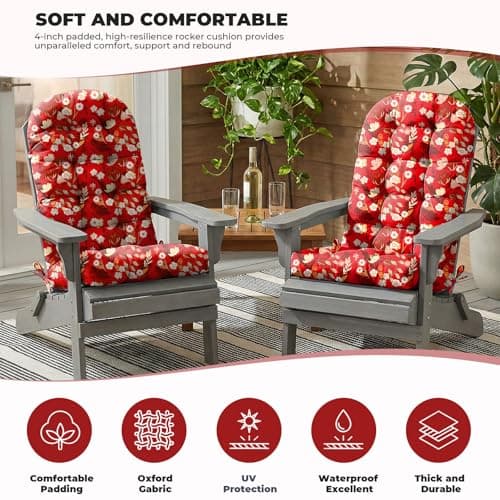 DANGHOOGY Outdoor/Indoor Adirondack Chair Cushion, Waterproof Outdoor Rocking Chair Cushion with Ties, Tufted Replacement Seat Cushions for Outdoor Furniture, Red Flower