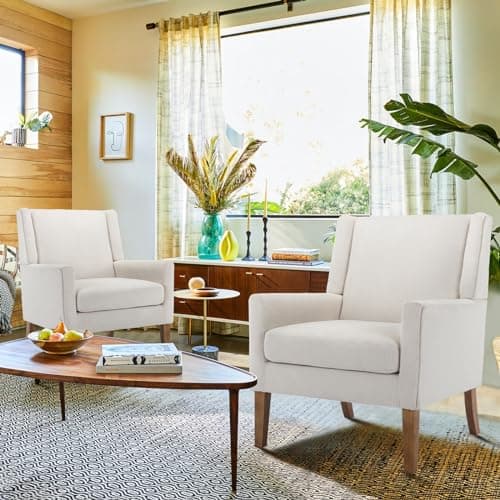 COLAMY Modern Wingback Living Room Chair, Upholstered Fabric Accent Armchair, Single Sofa Chair with Lounge Seat and Wood Legs for Office/Bedroom/Reading Spaces, Beige