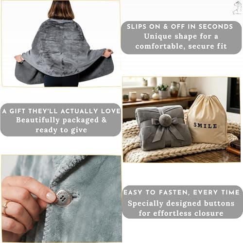Premium Double Layer Poncho Blanket -No Sleeves Easy On Easy Off- Drape and Go Shawl Gift for Women Who Have Everything - Gifts for Grandma and Mom (Silver Grey)