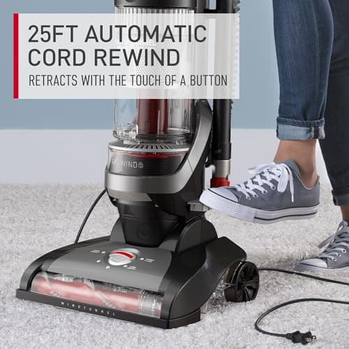 Hoover WindTunnel Cord Rewind Pro Bagless Vacuum Cleaner, Corded Upright Vacuum Cleaner for Carpet and Hard Floor, Automatic Cord Rewind, Corded Vacuum Cleaners for Home Use