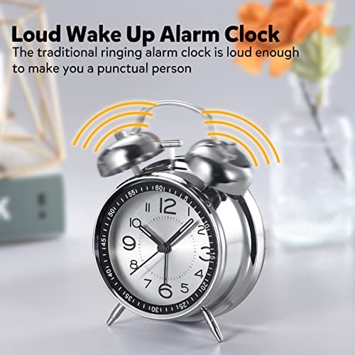 Cadmos Loud Alarm Clock for Heavy Sleepers Adults,Retro 4 Inch Silent Non-Ticking Quartz with Backlight,Twin Bell Analog Kids Alarm Clocks for Bedrooms Bedside (Blue)