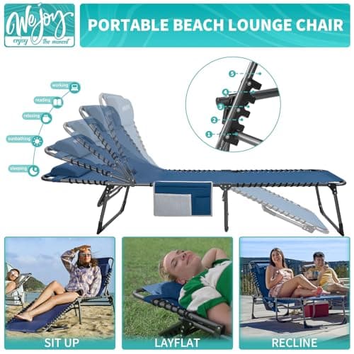 #WEJOY Folding Lounge Chair Outdoor, 5-Position Adjustable Sunbathing Tanning Chair with Shoulder Strap & Side Pocket, Heavy Duty Reclining Chair for Patio Pool Camping, Portable Folding Bed Cot,Blue