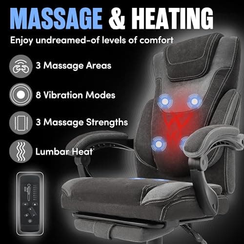 Massage Office Chair with Foot Rest,6-Point Vibration & Heat Executive Office Chairs,Ergonomic Computer Chair for Heavy People,Big and Tall Fabric Office Chair,Recliner with Padded Armrest,BlackGrey