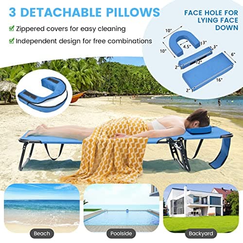 GYMAX Tanning Chair, 330lbs Beach Lounge Chair with Face Hole, Washable Pillow & Carry Strap, Adjustable Folding Chaise Lounge, Layout Lounger for Outside, Patio, Poolside, Lawn (1, Blue)