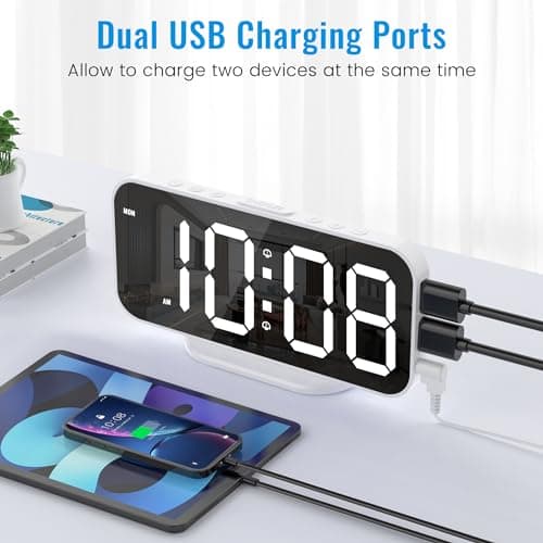 Alarm Clocks for Bedrooms, Slim LED Mirror Digital Alarm Clock, Large Display with Diming Mode, Dual Alarms & USB Ports, 4 Levels Brightness, Desk Clock for Office Home Bedroom Living Room Decor