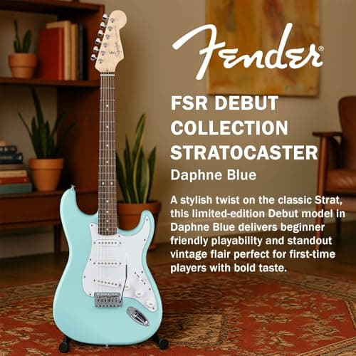 Fender Squier Stratocaster Electric Guitar - Daphne Blue Bundle with Amplifier, Gig Bag, Cable, Strap, Picks, and Austin Bazaar Instructional Video