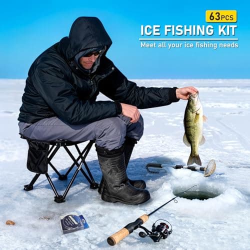 Ice Fishing Rod and Reel Combo, 28'' Ice Fishing Rod Set Inline Reels Lures Set Ice Cleat Portable Complete Kit with Carrier Bag/Folding Stool and Fishing Line Ice Fishing Gear