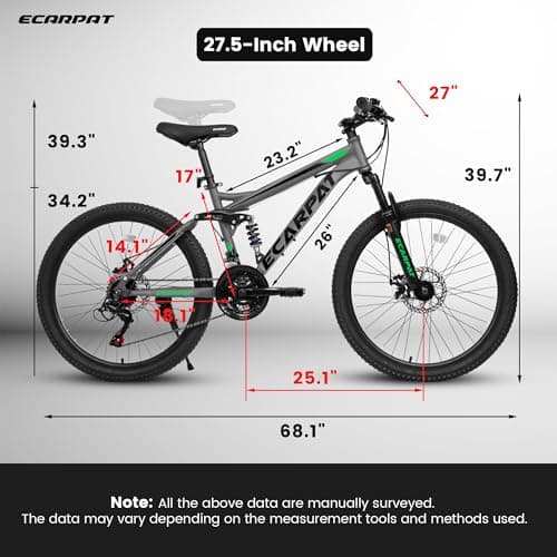 27.5 Inch Full Suspension Mountain Bike, Front & Rear Shock Absorbers, Mechanical Disc Brakes, 21-Speed Steel Frame, for Men & Women, Outdoor & Fitness Cycling