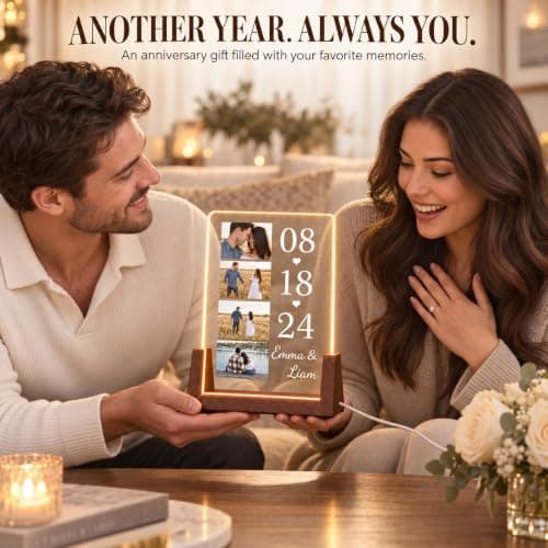 Personalized Couple Gifts, Custom Acrylic Photo Plaque with 4 Photos, Names & Date, Anniversary Keepsake with Wooden Base, Birthday Gifts for Wife, Husband, Girlfriend or Boyfriend B0HJZ6XZV6