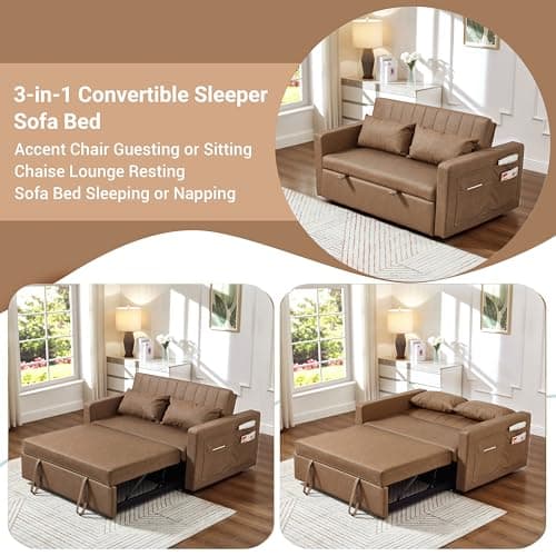 N NOORDENIYA 55'' Leather Sofa Bed, Pull Out Sleeper Sofa Couch Bed, Loveseat Sleeper, Futon Sofa Couch with Side Pocket, Convertible Sofa Bed for Living Room, Apartment, Bedroom, RV, Brown