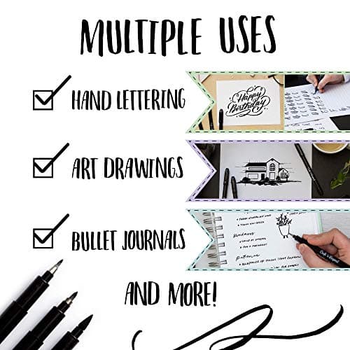 Craft 'n' Beyond Calligraphy Brush Pens Pack of 3 Small, Medium and Large Markers for Hand Lettering, Art Drawing, Sketching, Scrapbooking, Writing, Journaling - Beginner Kit with Fadeproof Black Ink