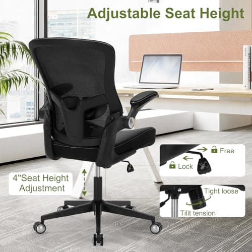 Ergonomic PU Leather Office Chair, 400lbs Weight Capacity, Breathable Mesh Back, Adjustable Height & Flip-Up Arms, Heavy Duty Computer Desk Chair for Home & Office, Black