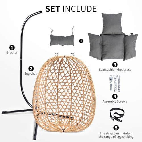 LEX CRAFT Egg Chair with Stand, Patio Wicker Hanging Chair, Hammock Swing Chair, 350LBS Capacity for Bedroom, Balcony, Garden (YE-GR)