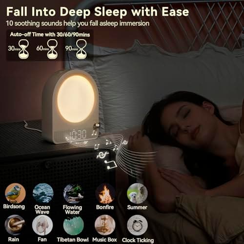 Vivilumens Sound Machine Alarm Clock, Gentle Sunrise Wake Up Light Alarm Clock for Heavy Sleepers Adults, Dimmable Night Light & RGB Meteors Lights Mode, 10 Natural Sounds, Great Gifts for Her