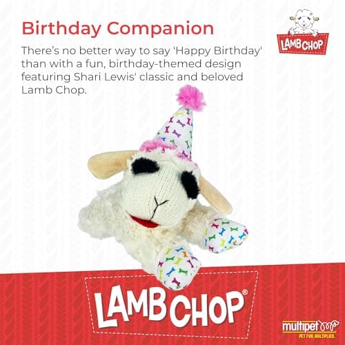 Soft Plush Dog Toy, Stuffed Animal Dog Toy For Playing, Cute Birthday Toy 10.5”, Pink Hat, 5 Squeakers Multipet Lamb Chop Dog Plush Toy with Birthday Hat - Squeaky Dog Toy B0BKH23JXC