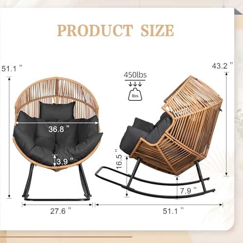 Vongrasig Wicker Egg Chair PE Rattan Rocking Chair with Cushion, Oversized Patio Lounge Rocker Chair for Outdoor, Indoor, Balcony, Backyard, Garden, Black