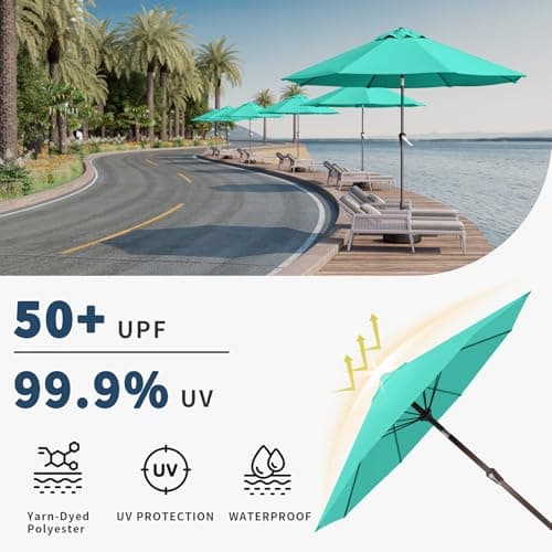 9FT Patio Umbrella with Fiberglass Ribs, Outdoor Market Table Umbrella with Crank and Tilt, UV Resistant Waterproof Canopy for Patio, Garden, Deck, Pool, Turquoise Blue
