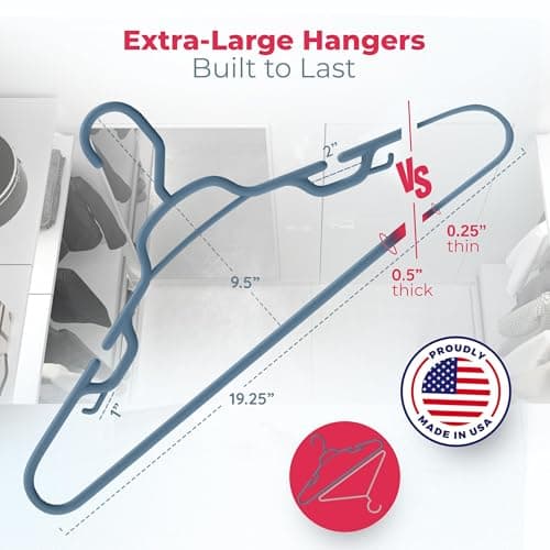 Neaties Large & Wide Heavy Duty Clothes Hangers 12 Pack – Made in USA – Ideal for Plus Size Clothing – 10lb Plastic Hangers with Notches for Oversized Adult Coats & Pants – Blue