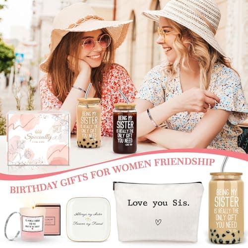 Sister Gifts from Sisters Birthday Gifts for Sisters Adult Best Sister Ever Gift Ideas for Women Cool Presents Set with Funny Glass Cup, Unique Makeup Bag, Scented Candle, Bracelet, Jewelry Tray