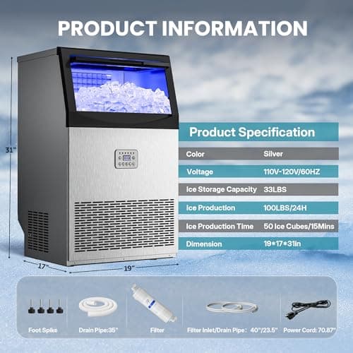 Manastin Commercial Ice Maker, 120lbs/24H Large Ice Machine, 33lbs Storage Capacity, 50 Ice Cubes/15 Mins, Under Counter Ice Maker with Water Filter, Self-Cleaning, Timer, for Home & Bar