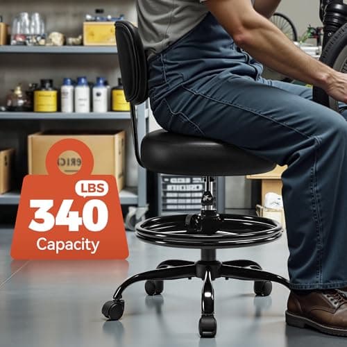 Shop Stool with Wheels for Garage, Mechanics Rolling Chair with Backrest, Adjustable Height Heavy Duty Garage Stool with Footrest and Storage Tray, Swivel Task Chair for Workshop Kitchen Salon