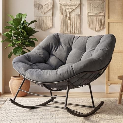 Outdoor Rocking Chair with 5.5" Thick Cushion, Oversized Egg Lounge Chair with Water-Repellent & UV-Resistant Fabric, 450 Lbs Heavy Duty for Patio, Living Room, Garden, Bedroom
