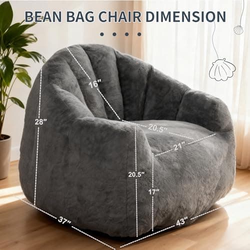 Bean Bag Chair, Giant Beanbag Chiars for Adults, Faux Fur Shell-Shaped Floor Sofa with Filler, Comfy Chair for Reading, Gaming and Relax (Grey)