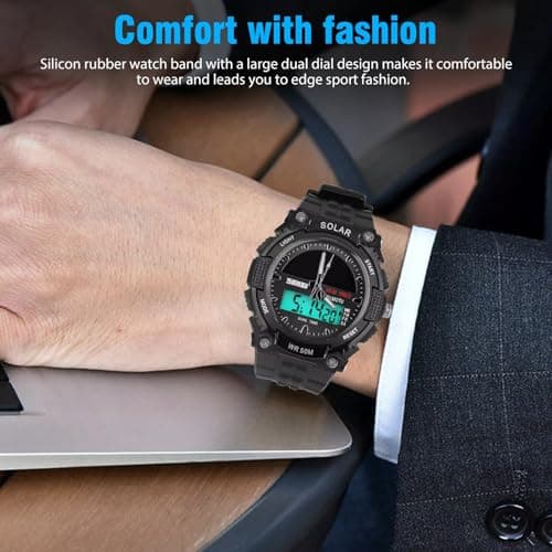 MASTOP Solar Powered Energy Watch for Men Military Digital Multifunctional Led Luminous Indication 2 Time Zone 50m Waterproof Watch Reloj Solar para Hombre