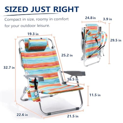 PASAMIC Backpack Beach Chair for Adults Portable, Lay Flat Reclining Beach Chair with 5 Positions, Tall Heavy Duty Folding Chairs with Cup Holder, Cooler Pouch, Towel Bar, Multicolor Stripe