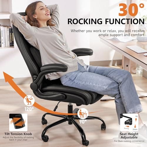 BESTFAIR Office Chair, Ergonomic Computer Desk Chairs with Lumbar Support for Lower Back Pain Relief, Executive Leather Home Chair Comfy with Padded Flip-up Armrests, Black