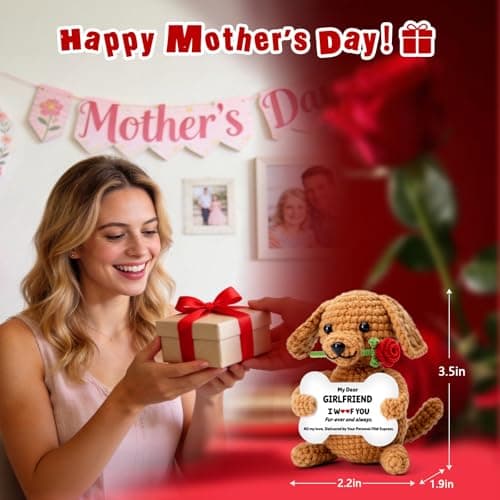 Funny Dog Mothers Day Girlfriend Gf Gifts, Anniversary Birthday Gifts for Girlfriend from Boyfriend, Mini Cute Cool Stuff Things Romantic I Love You Presents, Small Happy Crochet Rose Dog Puppy