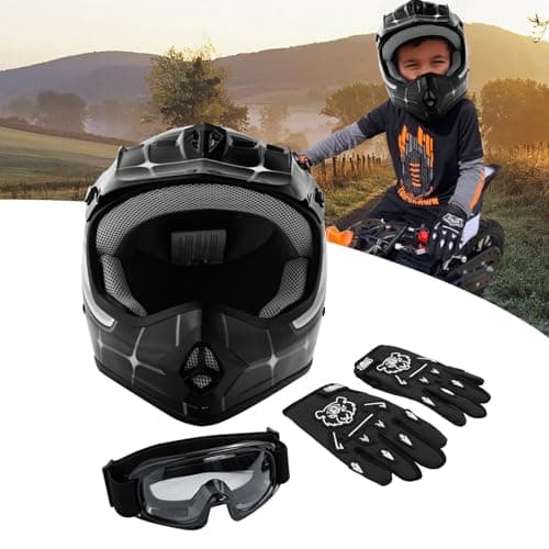 SLMOTO DOT Youth & Kids Motocross Offroad Street Helmet Black Spider Motorcycle Youth Helmet Dirt Bike Motocross ATV Helmet+Goggles+Gloves Medium