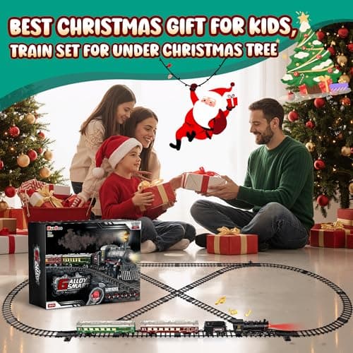 Hot Bee Train Set, Remote Control Train Toys with Luxury Track & Glowing Passenger Carriages, Metal Christmas Tree Train with Smoke, Light and Sound, Toy Train Set for 3 4 5 6 7+ Years Old Boys Gifts