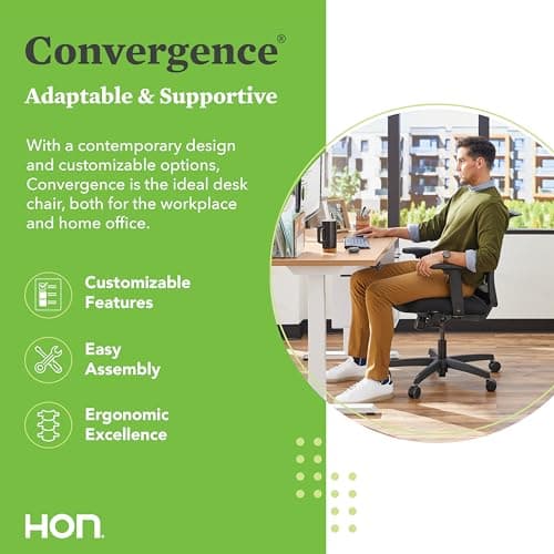 HON Convergence Ergonomic Office Chair with Mesh Back, Adjustable Arms, Lumbar Support, Synchro‑Tilt Desk Chair with Wheels for Home Office or Computer Use, Black Frame, Black