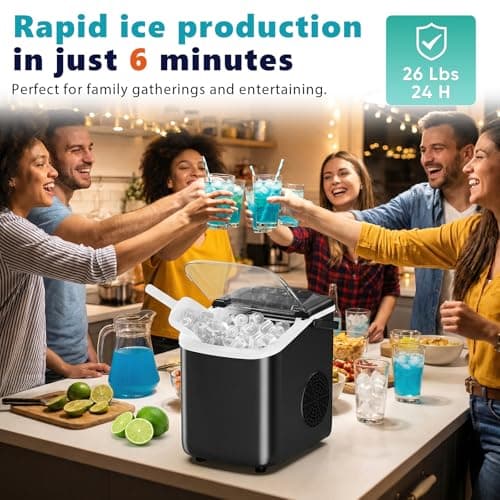 Sweetcrispy Countertop Ice Maker with Scoop, Basket and Handle, Portable Ice Machine 9 Ice Cubes Ready in 6 Mins, 26.5lbs in 24Hrs, 2 Sizes for Home Kitchen Office Bar Party
