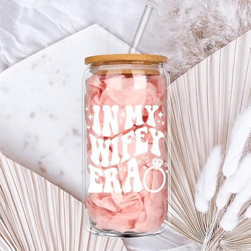 Bridal Shower Gift - Cute Cool Wedding Day Idea for Bride to Be, Future Mrs, Bachelorette - In My Wifey Era Glass Cup Tumbler B0D53X13TP