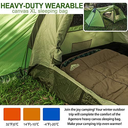 0 Degree Canvas Sleeping Bag for Adults, Cotton Flannel Sleeping Bag for Winter Camping, Fishing, Hunting or Traveling, Durable Cotton Canvas Shell and Removable Flannel Liner