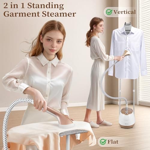 HAPAIS Steamer for Clothes,1800W Standing Garment Steamer 30s Heat-up with Adjustable Stable Double Rod,2-in-1 Flat & Hanging Ironing,Clothes Steamer with 10 Fabric Steam Modes