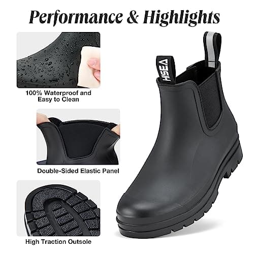 HISEA Women's Short Rain Boots Fashion Waterproof Chelsea Boots Ankle Garden Shoes for Ladies Non Slip Outdoor Work Booties Lightweight Rubber Rainboots with Comfort Insole