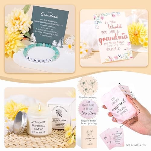 Grandma Gifts for Birthday Tote Bag Grandma Gifts Set from Granddaughter Grandson Grandchildren Grandkids Best Grandma Gifts Basket Tote Bag Makeup Bag 16 Oz Can Glass Bead Bracelet