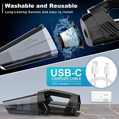 Handheld Vacuum Cordless Portable Car Vacuum with LED Light, High Power Suction, 3 in 1, Lightweight Rechargeable Hand Vacuum, Hand Held Vacuum Cleaner for Car Home Office, Pet Hair, Black