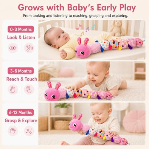 KMUYSL Baby Toys 0-6 6-12 Months, Sensory Music Animal Stuffed Toy for 0 1 2 3 4 5 6+ Months, Plush Toy with Crinkle and Rattles for Infant Newborn, Tummy Time Toys Gifts for 0-3-6-12 Month