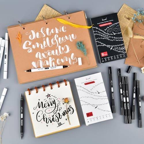 Brusarth Calligraphy Pens, 8 Size Dual Tip Black Acrylic Calligraphy markers for Writing, Brush Pens Calligraphy Set for Beginners, Hand Lettering Pen for Art Drawing, Sketching, Scrapbooking