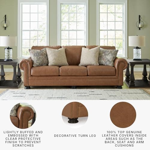 Signature Design by Ashley Carianna Classic Leather Match Sofa with Nailhead Trim, Dark Brown