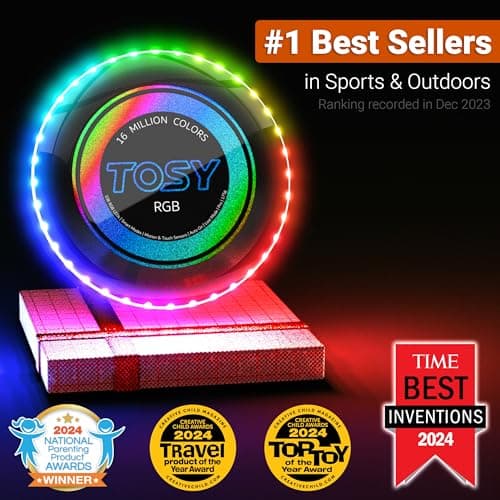 TOSY Flying Disc - 108 RGB Multicolor or 36 Monocolor LEDs, Super Bright, Smart Modes, Christmas Stocking Stuffers Gift, Camping Toy for Kid/Teen/Adult, Auto Light Up, Rechargeable, Waterproof, 175g