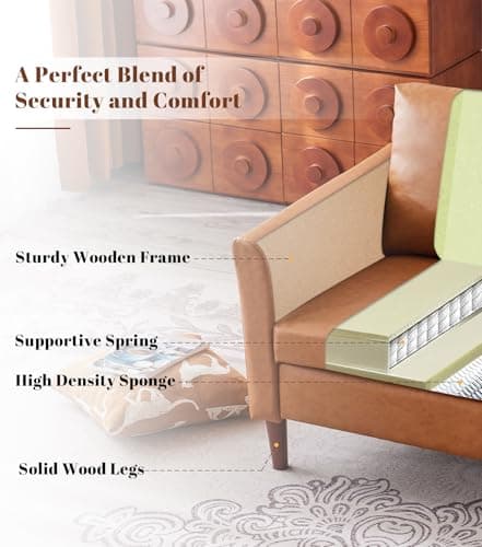 Kingfun Faux Leather 3 Seat Couch for Living Room, Mid Century Modern Sofa with Rolled Arms and Deep Seats, Fluffy Comfort for Apartment, Easy to Assemble, Chestnut