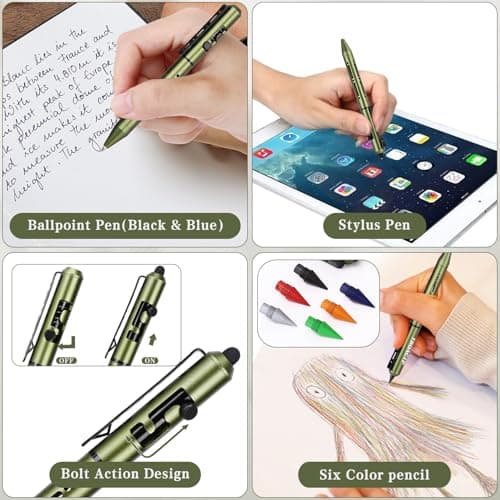 4.7″ Mini 3 EDC Ballpoint Pen, Pencil and Stylus in One, with 2 Refill, 6 Pencil Tip and 2 Stylus Tip, Ultra Long Lasting Bolt Action Pen for Office, Learning, Working Green