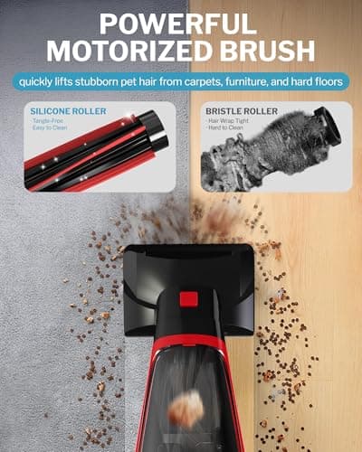 Pet Hair Handheld Vacuum Cordless, Car Vacuum Rechargeable with Reusable Filters, Motorized Brush and Multi-Accessories for Carpet, Couch & Stairs, Red, 17.0"X 4.6"X 6.6"