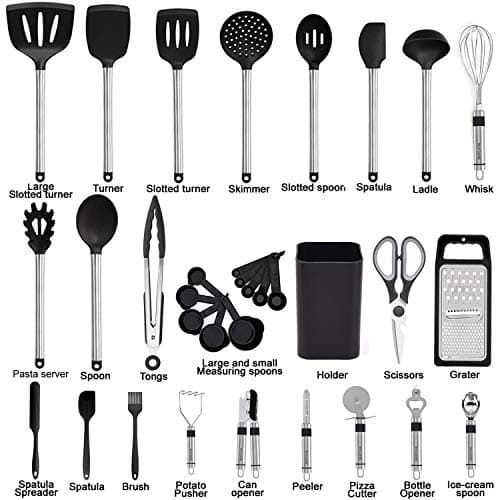 Kitchen Utensil Set-Silicone Cooking Utensils-33 Kitchen Gadgets & Spoons for Nonstick Cookware-Silicone and Stainless Steel Spatula Set-Best Kitchen Tools, Useful Pots and Pans Accessories B089FBYT3W